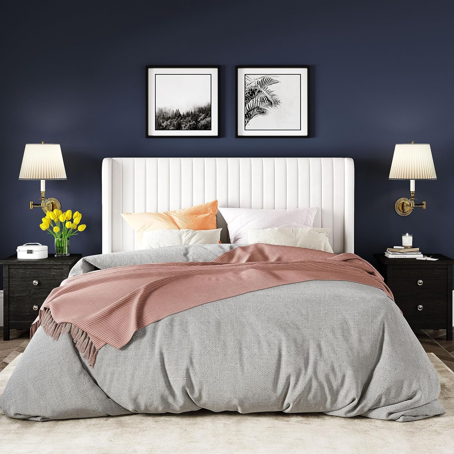 White Velvet Full Bed Frame With Wingback Tufted Headboard