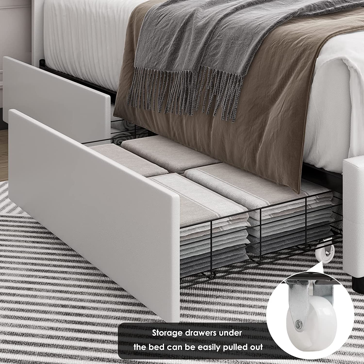 Queen Upholstered Bed Frame With Under Bed Drawers
