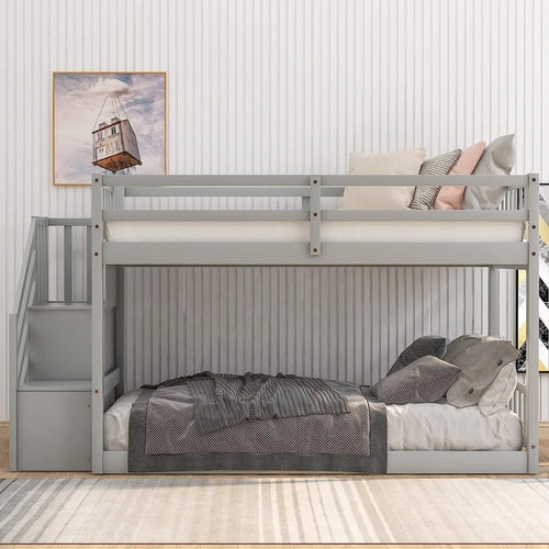 Twin Over Twin Low Bunk Bed With Storage Stairs Grey Wood