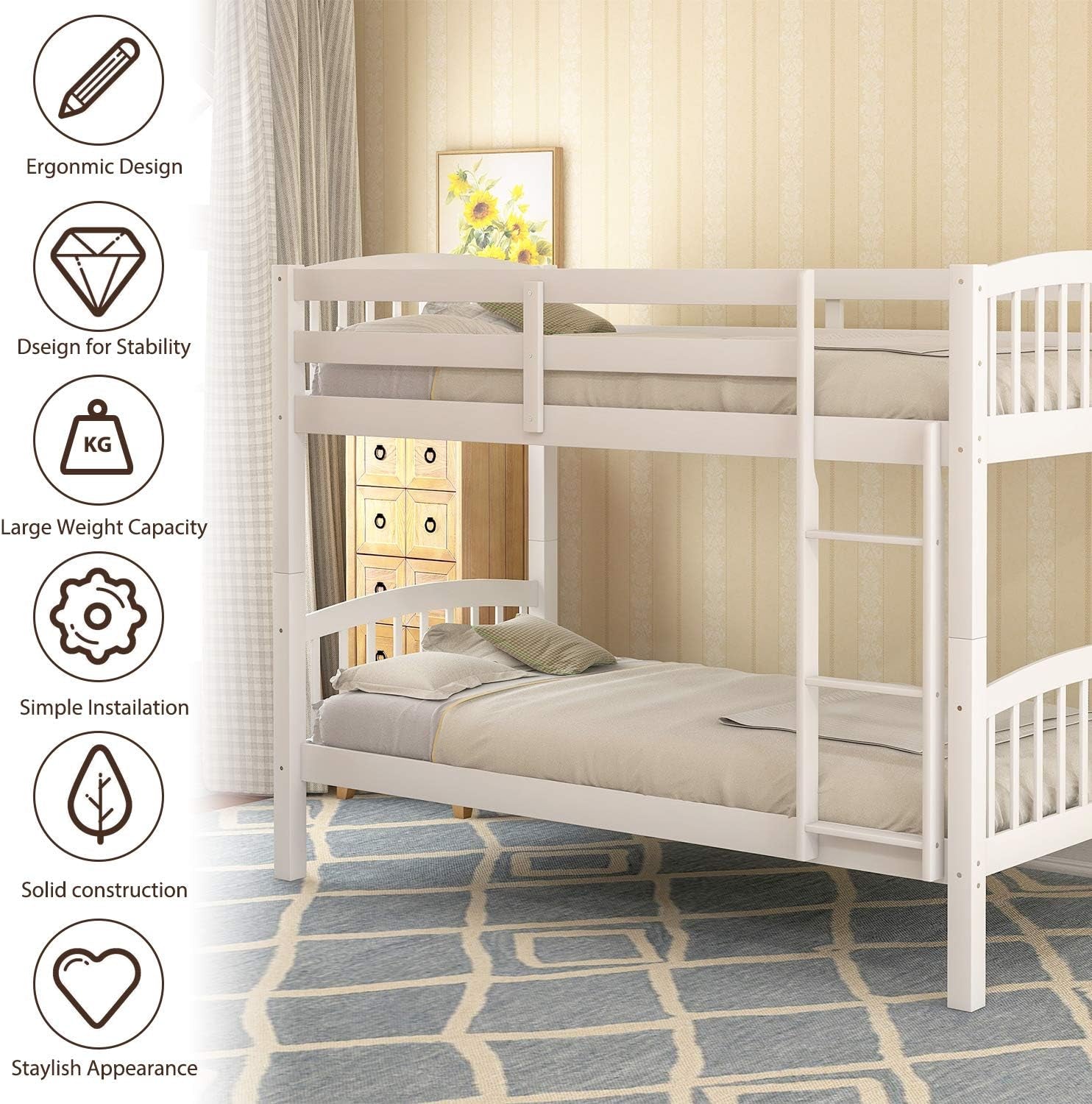 Twin Over Twin Wood Bunk Bed With Ladder Natural Finish