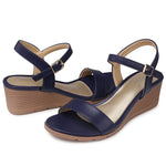 SHIBEVER Womens Sandals Wedge Low: Buckle Ankle Strap Wedge Sandal - Dressy Sandals Women - Comfortable Summer Navy Blue Size 6