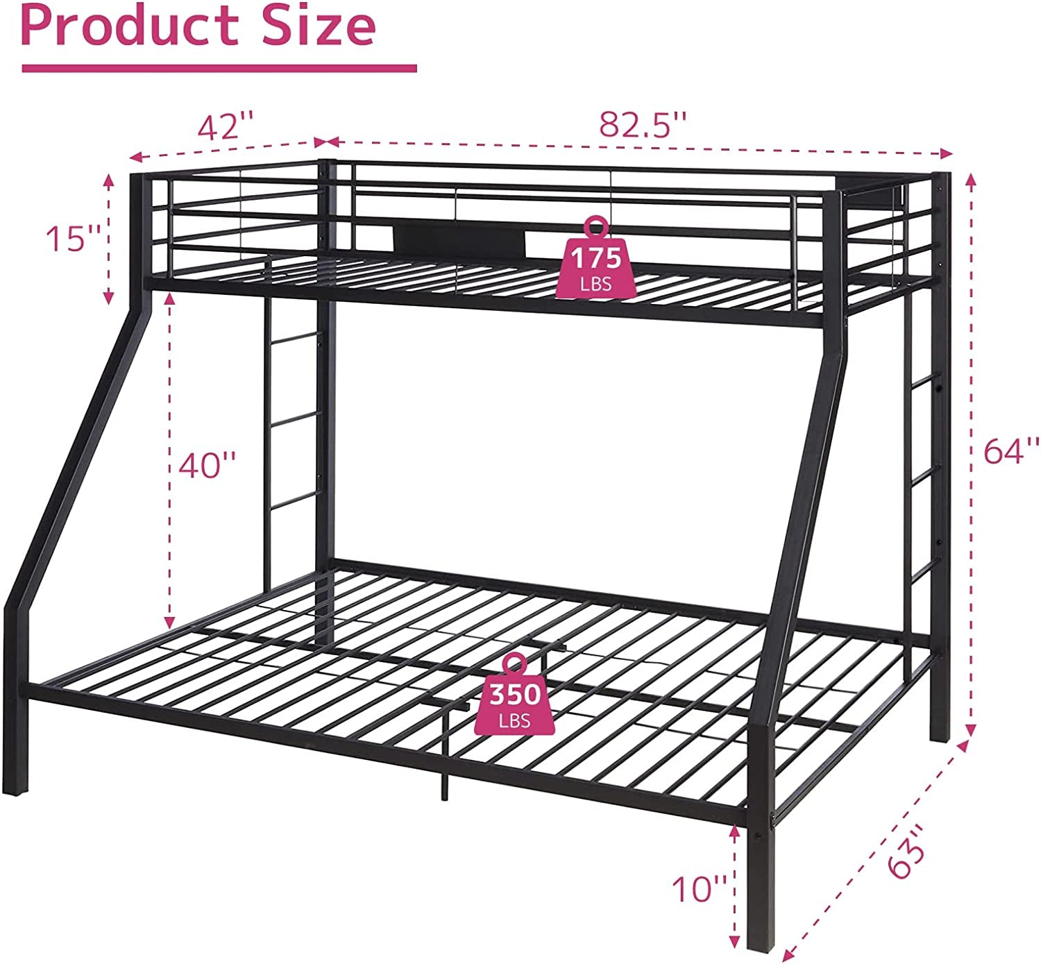 Twin XL Queen Bunk Bed In Sandy Black Finish Metal Slats