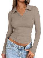 Trendy Queen Women Long Sleeve Tops Polo T Shirts V Neck Slim Fit Fall Outfits Winter Fashion Business Soft Sexy Clothes 2024 CoffeeGrey S