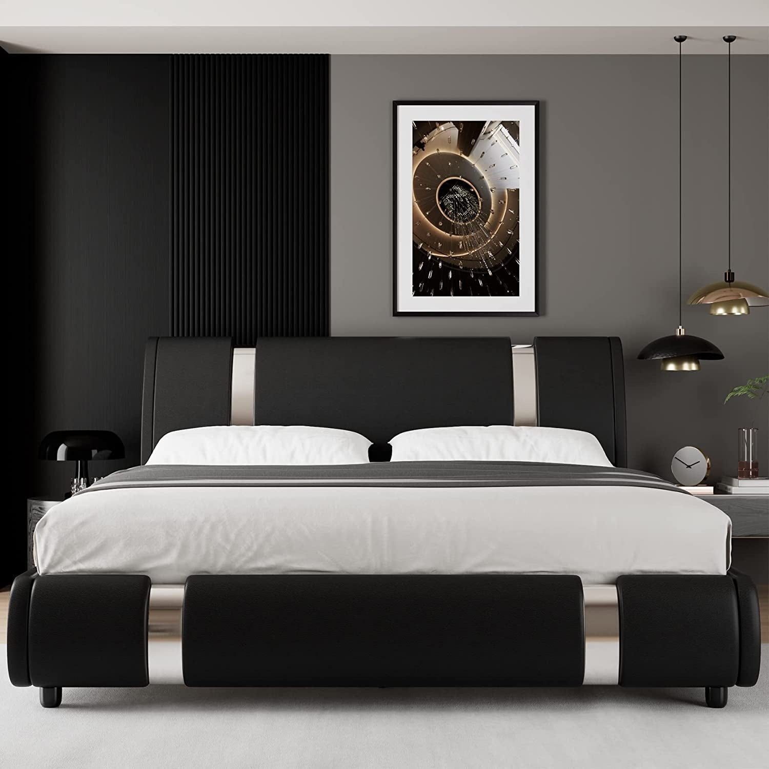 Queen Faux Leather Bed Frame With Adjustable Headboard