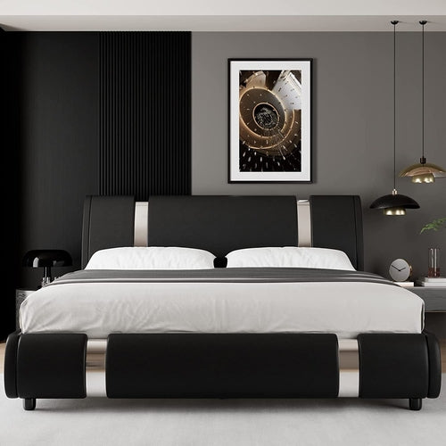 Queen Faux Leather Bed Frame With Adjustable Headboard