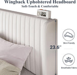 White Velvet Full Bed Frame With Wingback Tufted Headboard
