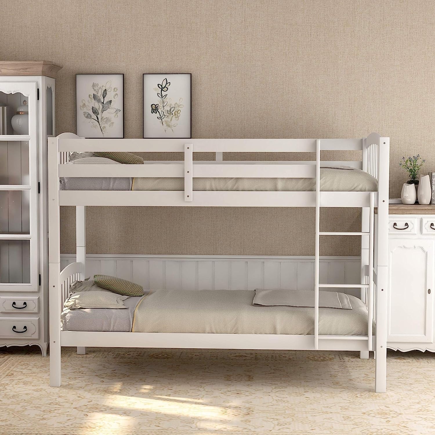 Twin Over Twin Wood Bunk Bed With Ladder Natural Finish