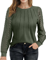 AURUZA Blouses for Women Dressy Casual Lace Long Sleeve Tops Waffle Knit Business Casual Outfits Work Shirts Fall Clothes (X-Small Army Green)