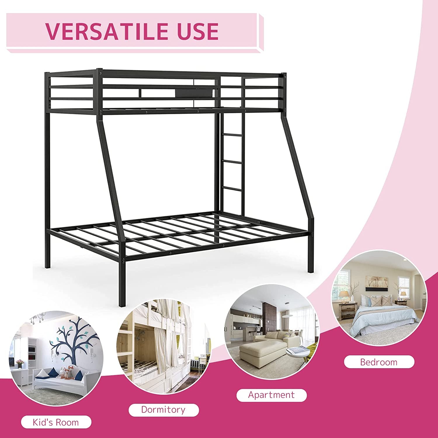 Twin XL Queen Bunk Bed In Sandy Black Finish Metal Slats