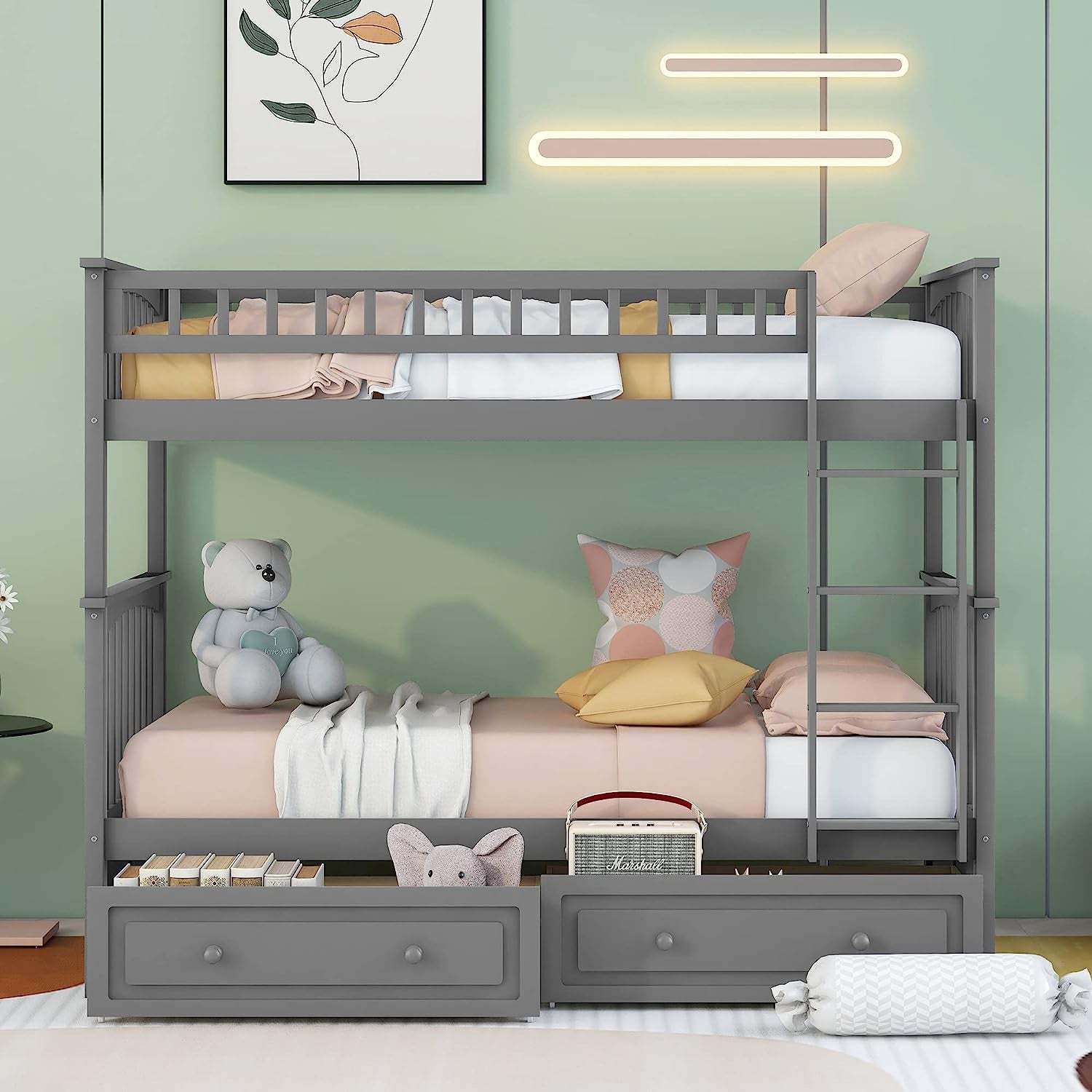 Grey Twin Bunk Bed With Storage Drawers Safety Rail
