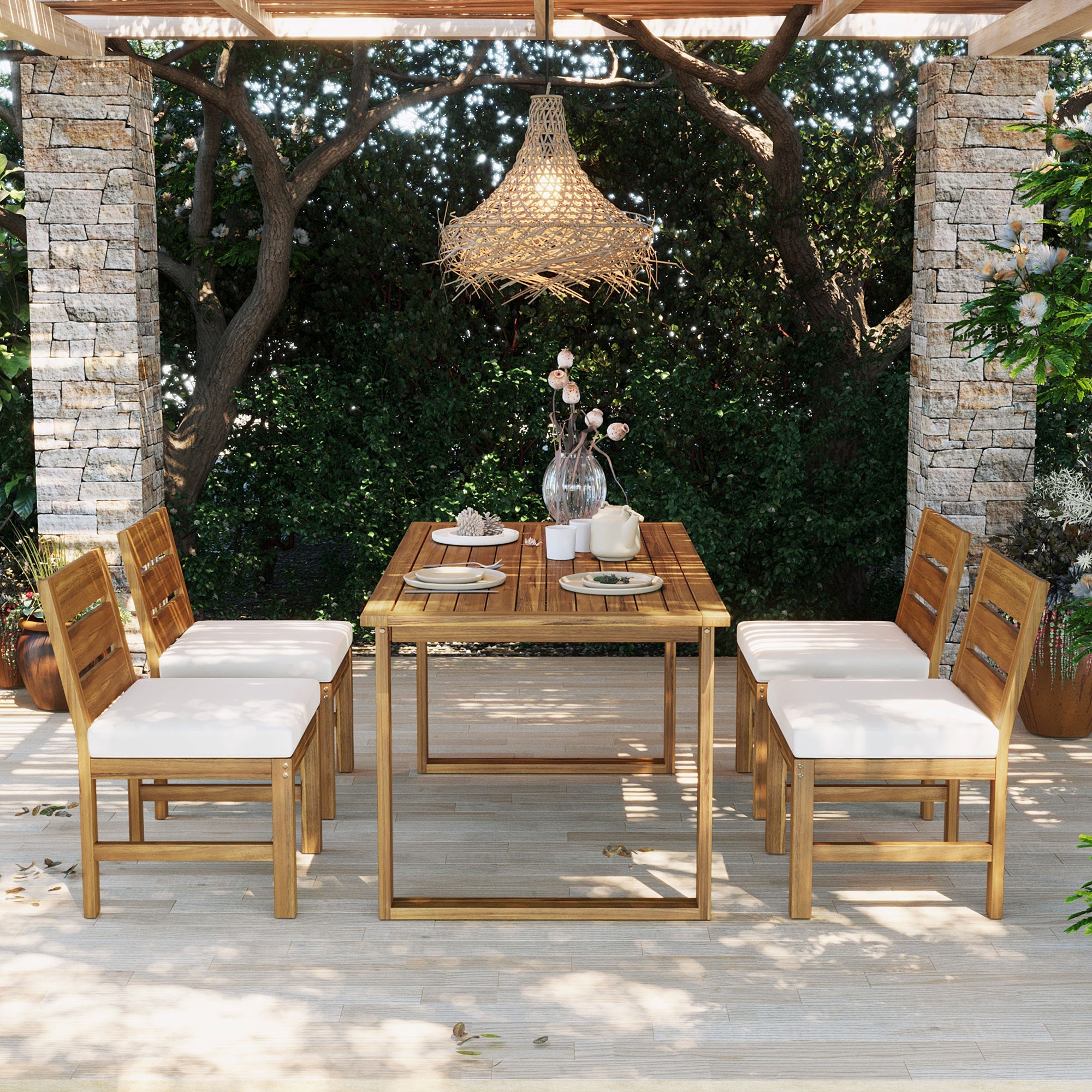 Farmhouse 5-Piece Outdoor Patio Dining Set with Adjustable Legs,Acacia