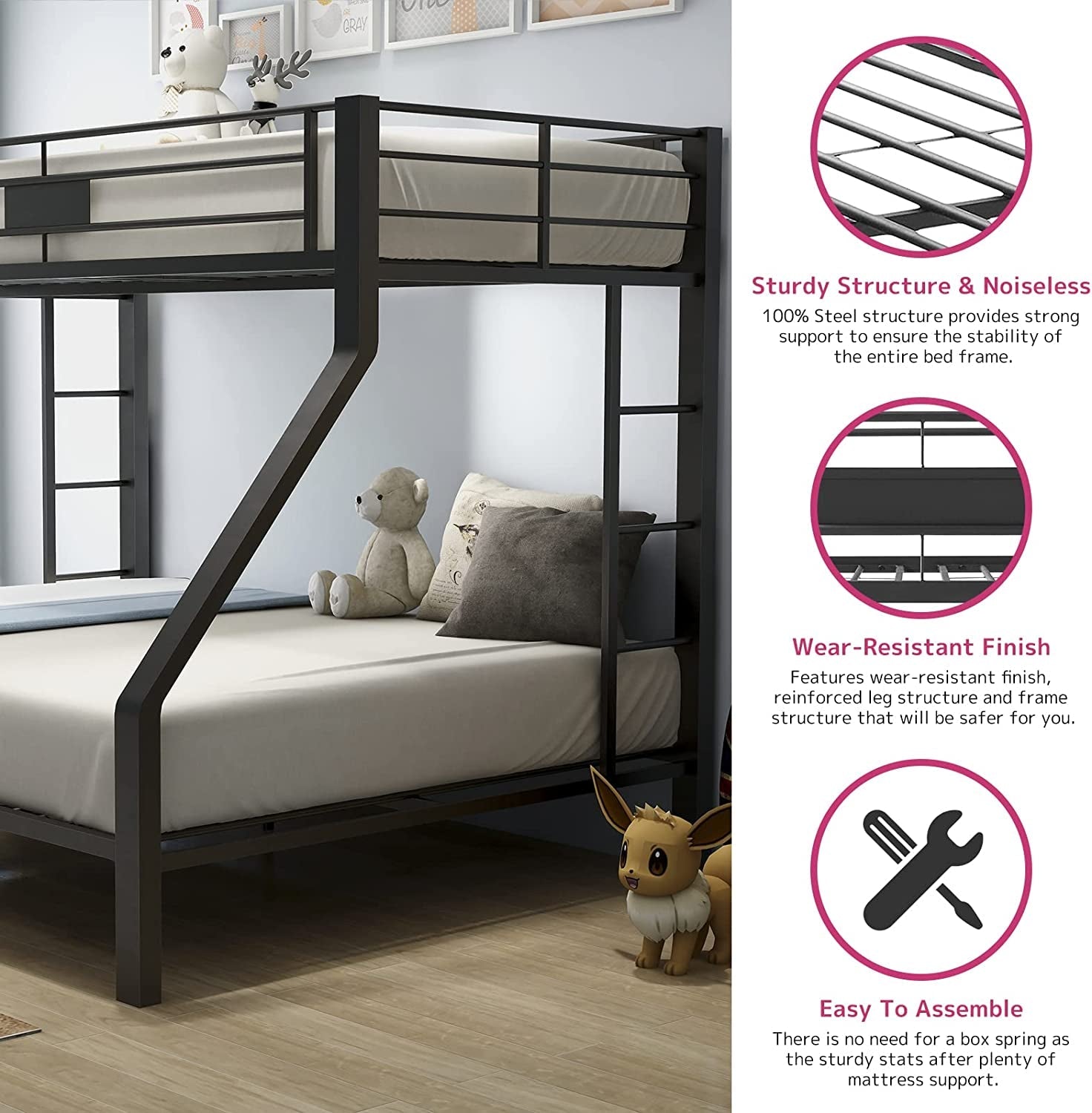 Twin XL Queen Bunk Bed In Sandy Black Finish Metal Slats