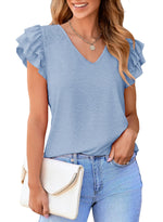 AlvaQ Tops for Women Trendy 2025 Summer Outfits Fashion Cute Tops Ruffle Short Sleeve V Neck T Shirts Blouses Sky Blue Small
