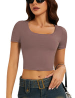 LOMON Womens 2024 Fashion Clothes Scoop Neck Short Sleeve T Shirt Summer Crop Tops Cute Basic Tee Grey Pink Medium