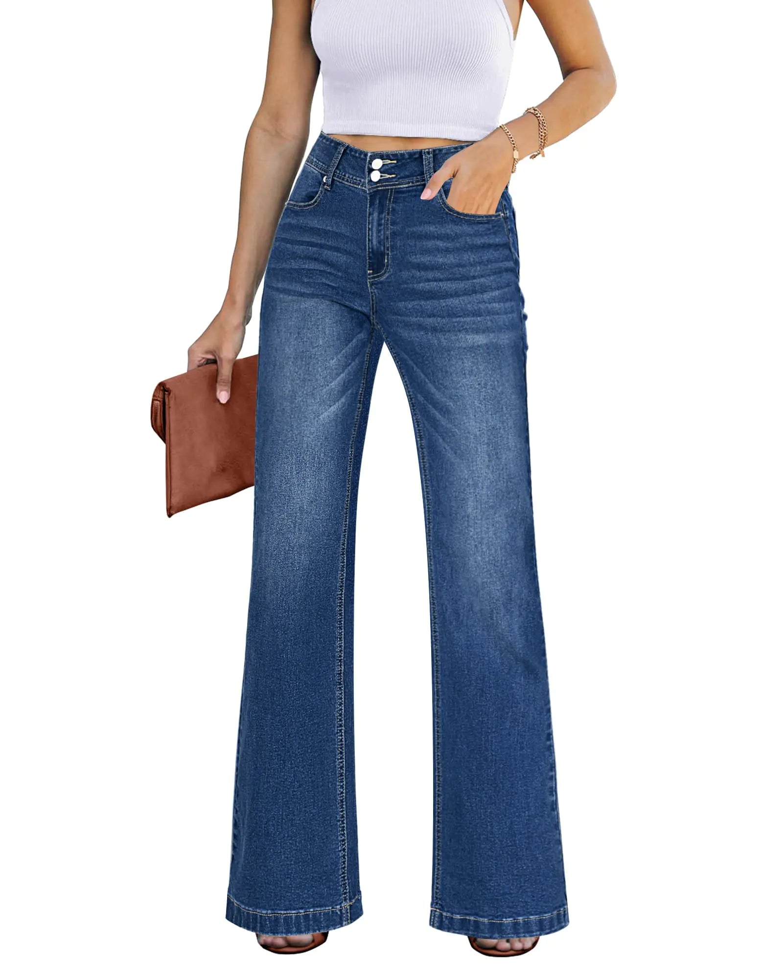 GRAPENT Womens Jeans Size 14 Blue Jean Outfits for Women Stretchy Jeans Woman 90S Outfit Business Casual Clothes for Women High Waisted Wide Leg Pants Dark Blue Size Large US Size 12 to Size 14