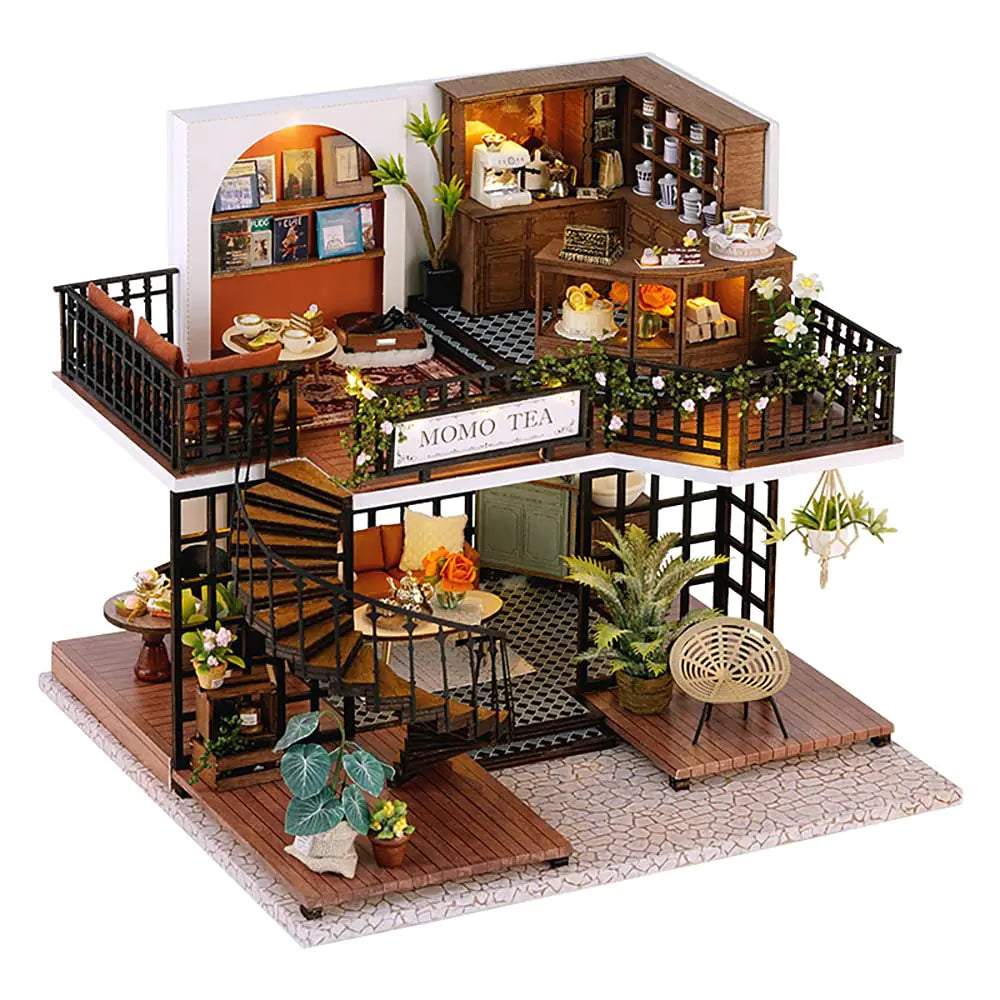 CUTEBEE Dollhouse Miniature with Furniture DIY Wooden Dollhouse Kit Plus Dust Proof Creative Room Idea(Forest Tea Shop)