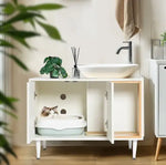 Bathroom Sink Cabinet With Cat Litter Box Enclosure, Hidden Litter Pet Washroom With Divider, Indoor Cat House For Large Cats, Wooden Cabinet Furniture, White
