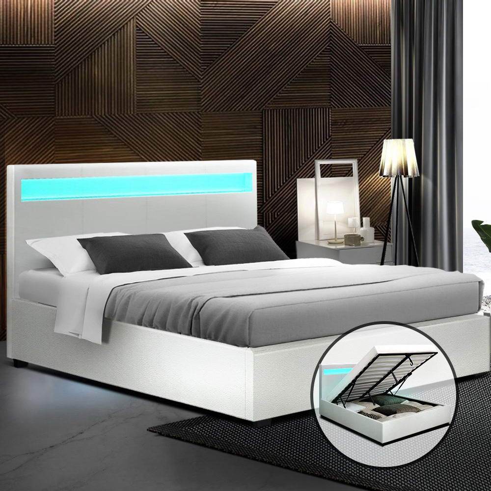 Artiss Bed Frame Double Size LED Gas Lift White COLE