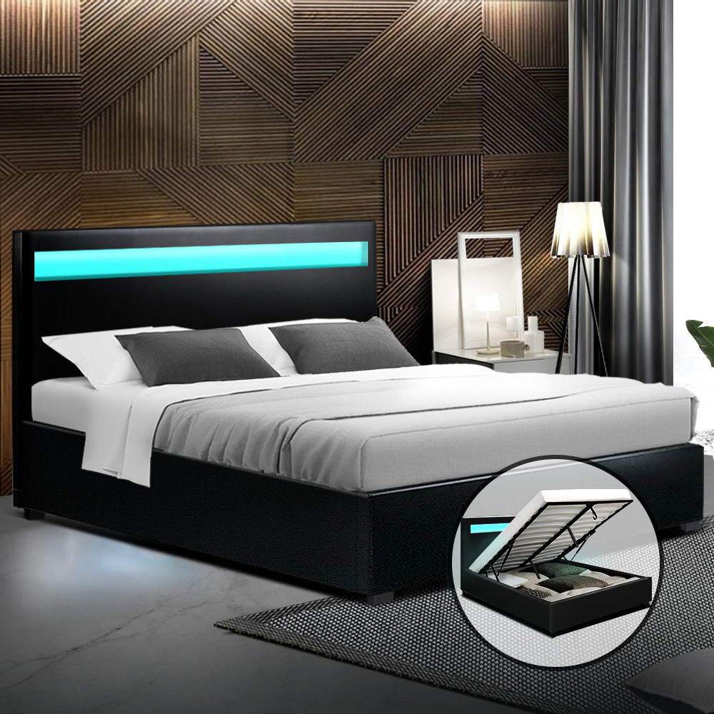Artiss Bed Frame Queen Size LED Gas Lift Black COLE