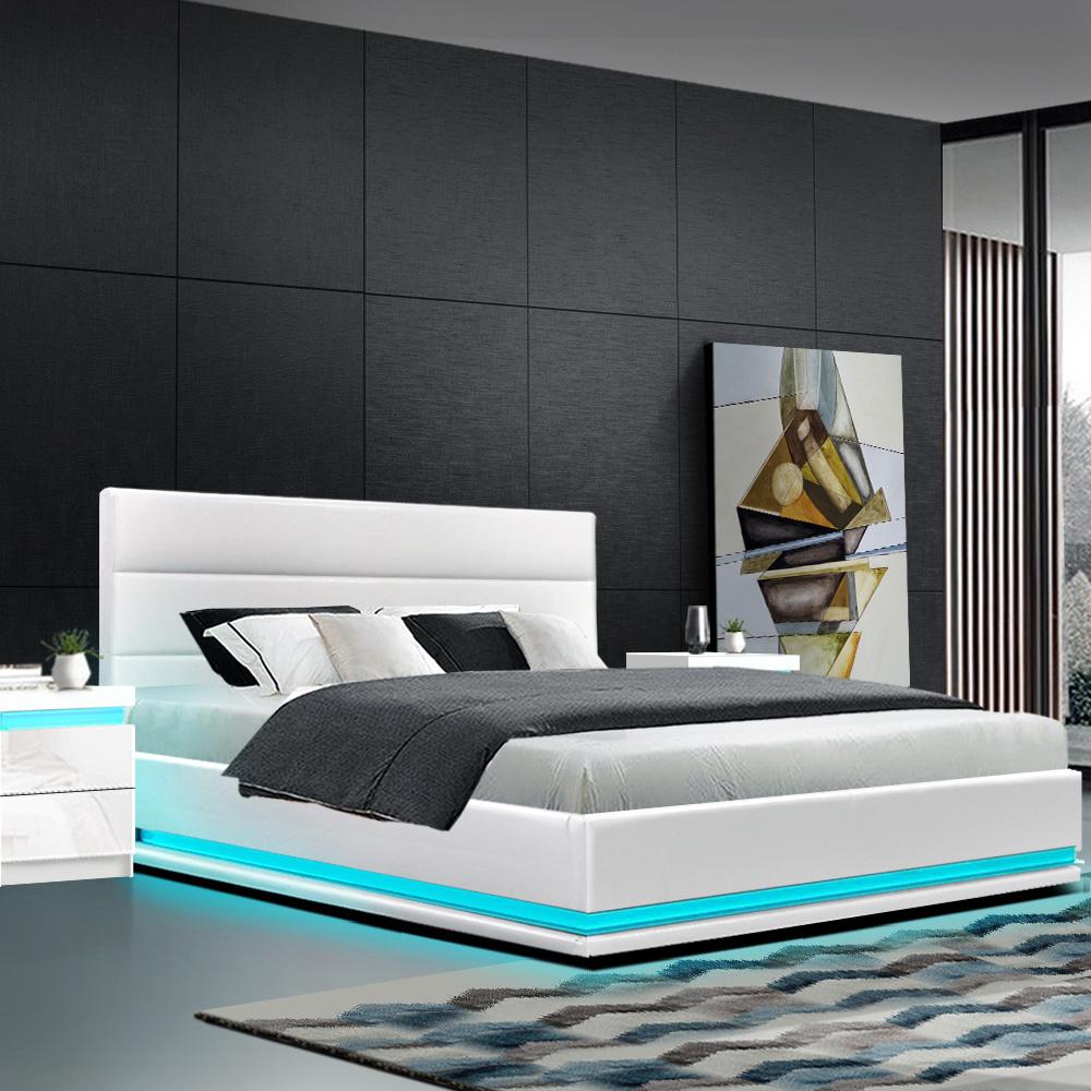 Artiss Bed Frame Queen Size LED Gas Lift White LUMI