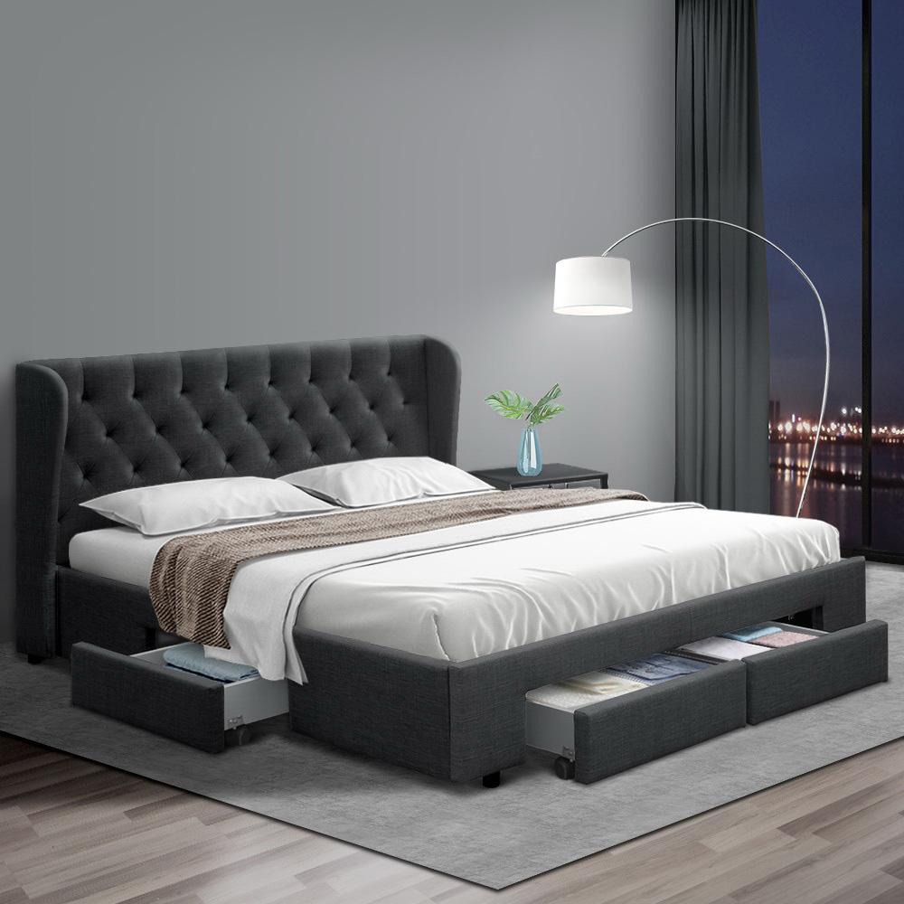 Artiss Bed Frame King Size with 4 Drawers Charcoal MILA
