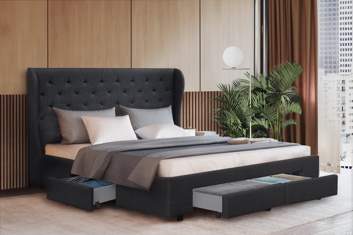 Artiss Bed Frame Queen Size with 4 Drawers Charcoal MILA