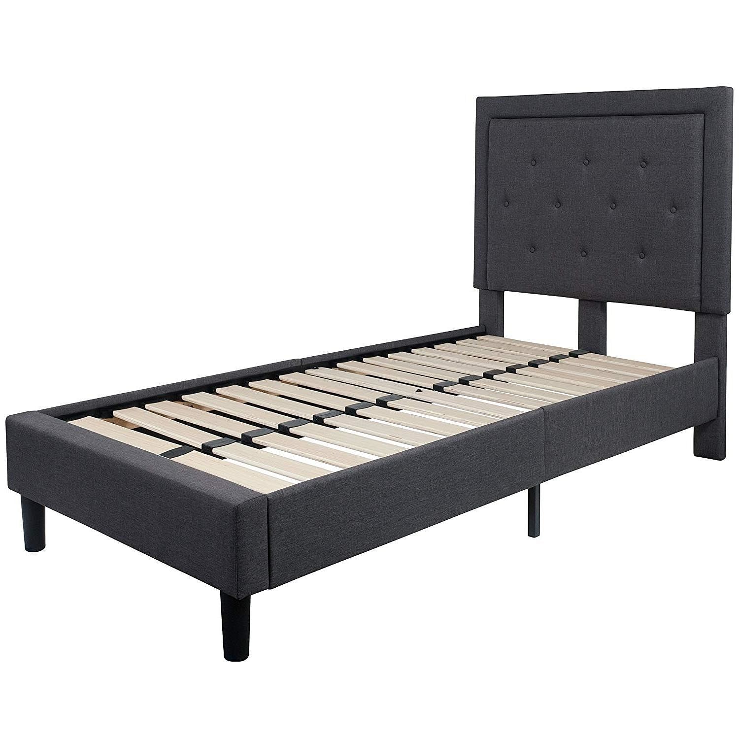 Twin Dark Gray Fabric Upholstered Platform Bed with Button Tufted