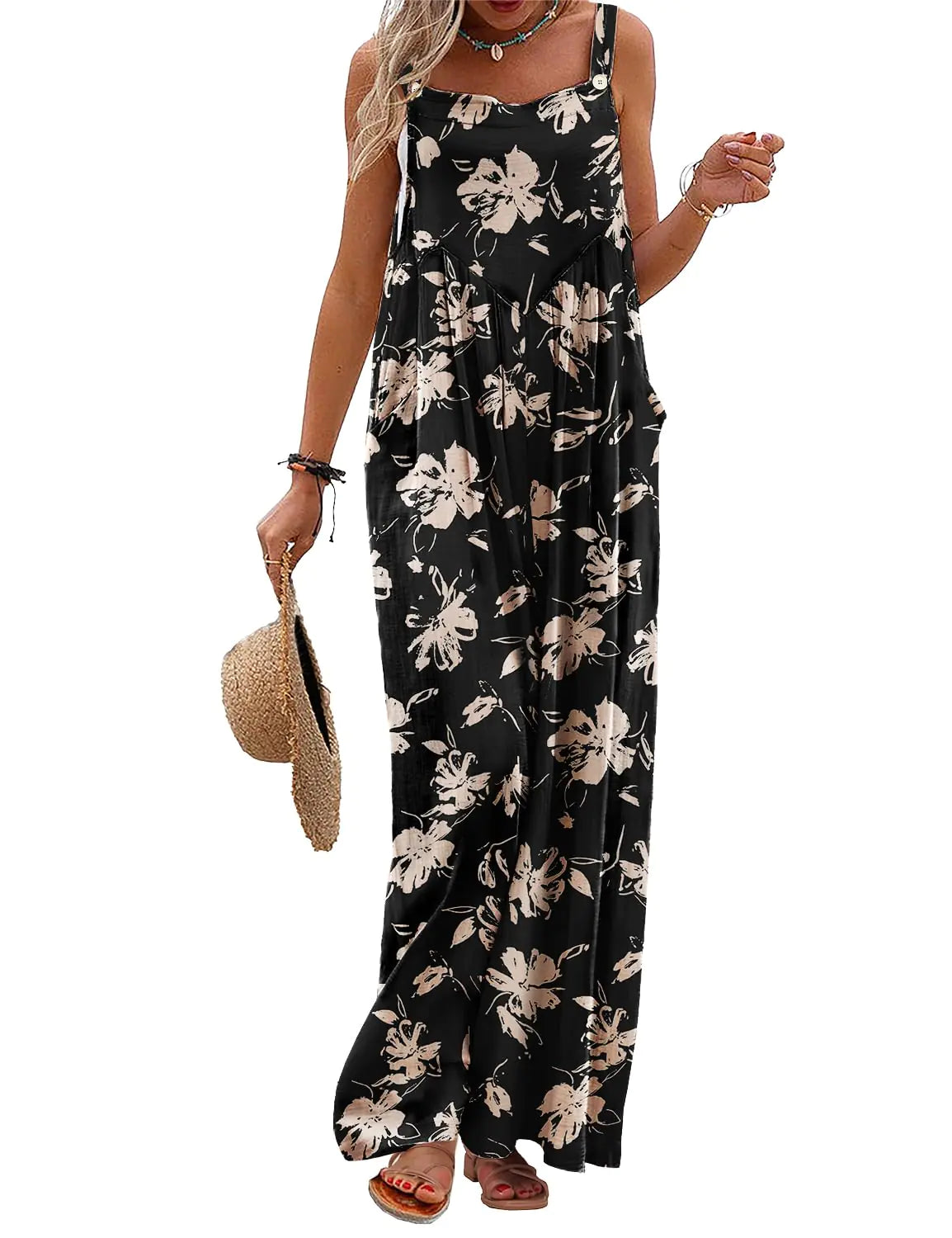 YESNO Womens Summer Casual Overalls Loose Wide Leg Jumpsuits Boho Floral Printed Baggy Rompers with Pockets XL PZH CR346