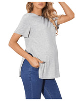 OYOANGLE Womens Maternity Shirts Split Hem Short Sleeve Loose Tunic Tops Tee Casual Pregnancy Clothes Light Grey XL