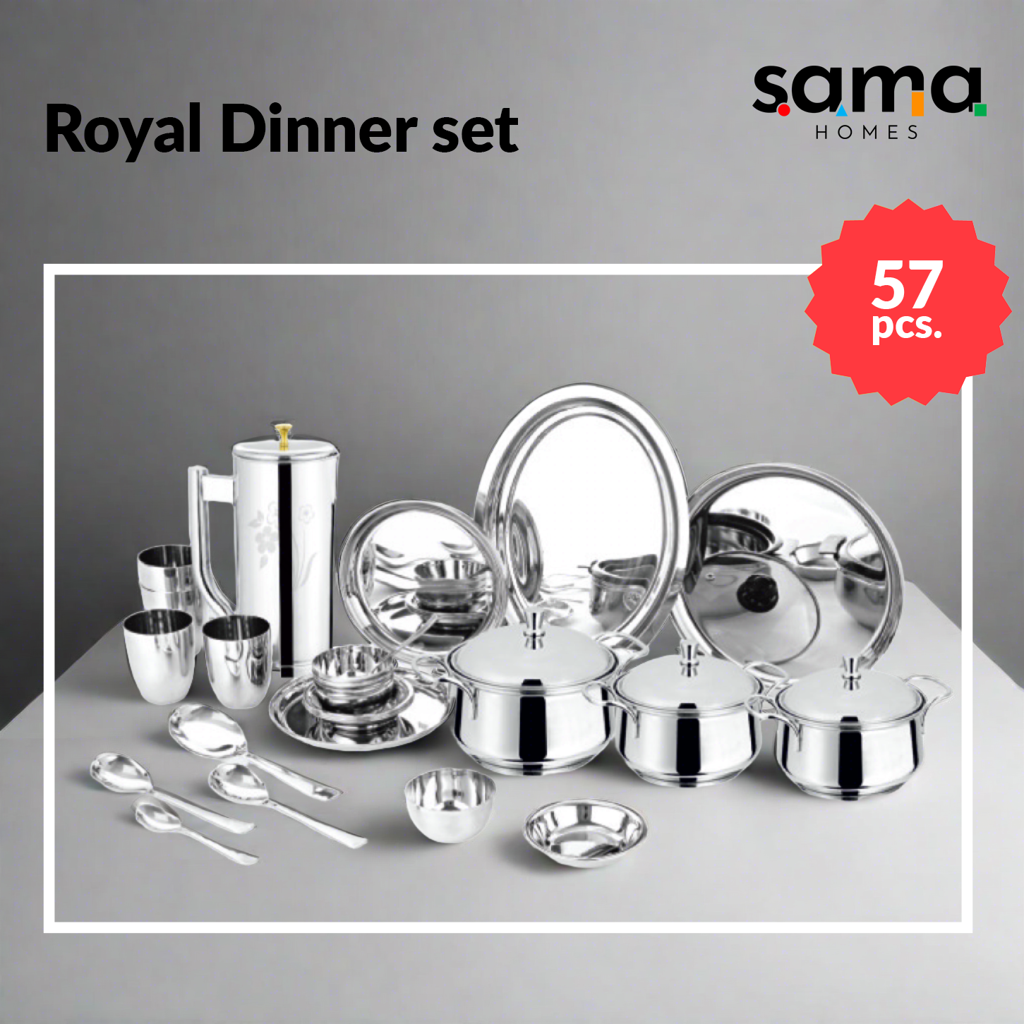 Steel Royal Dinner Set 57 Pieces Laser engraving Design | Family