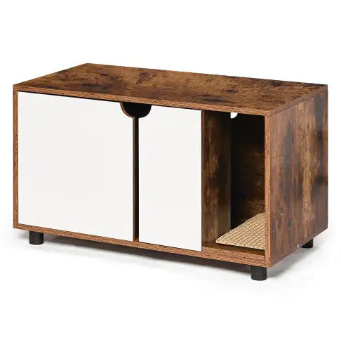 Cat Litter Box Enclosure, Hidden Cat Washroom, Kitty End Table, Furniture Style With Double Doors,White  Vintage