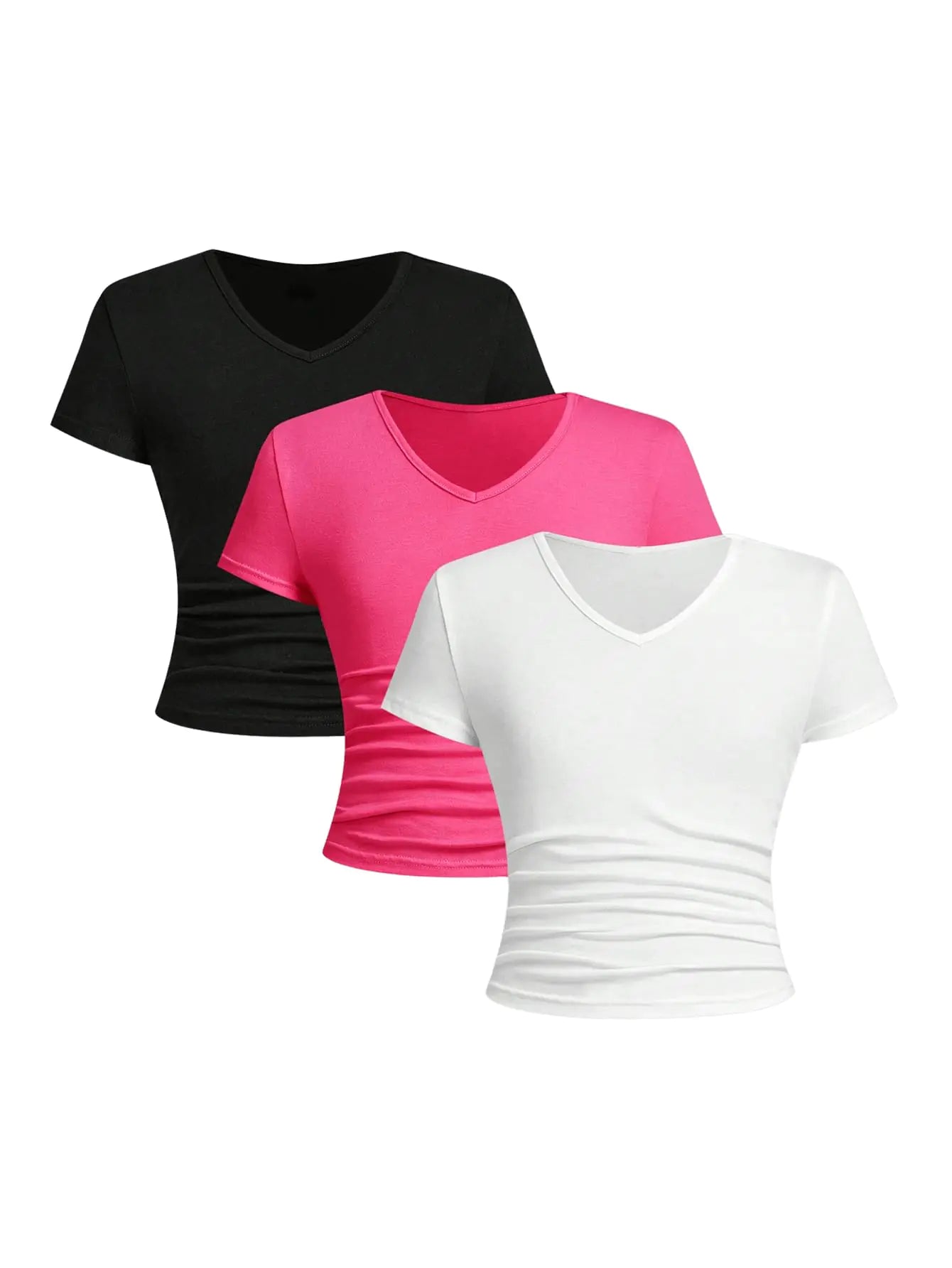 SOLY HUX Girls 3 Piece Summer Ruched Short Sleeve V Neck Tee T Shirts Basic Fitted Tops Cute Clothes Hot Pink White Black 12Y