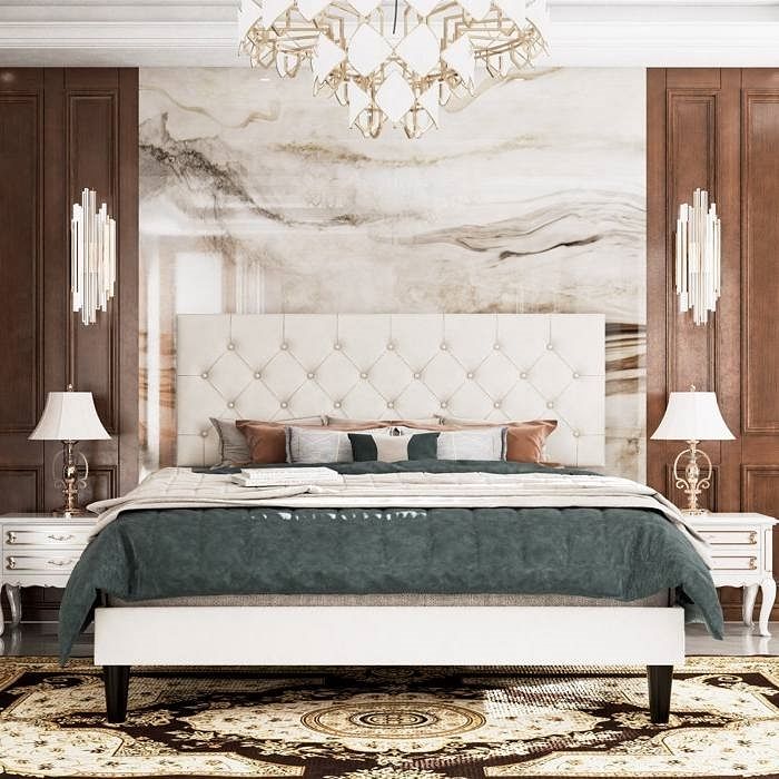 King White Faux Leather Upholstered Platform Bed with Button-Tufted