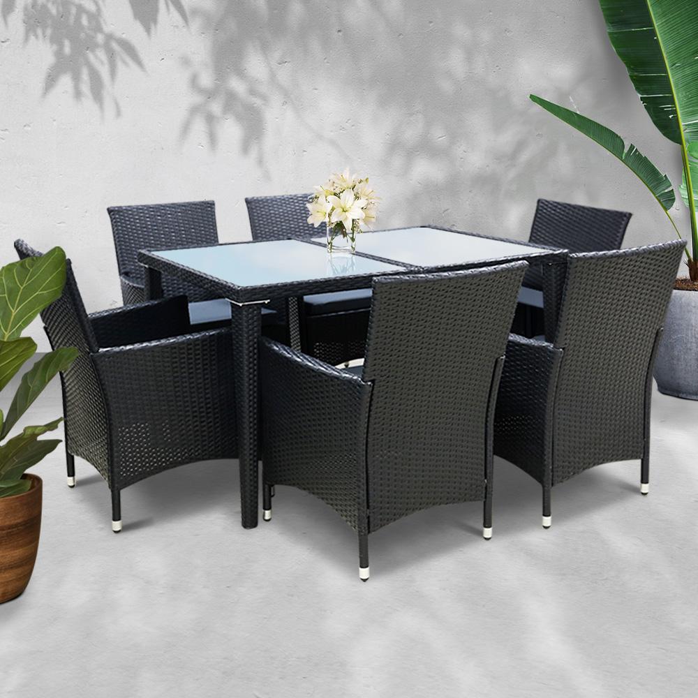 Gardeon Outdoor Dining Set 7 Piece Wicker Lounge Setting Black