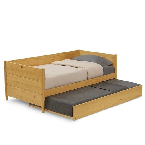 Twin Solid Wood Daybed with Roll Out Trundle Bed Frame in Light Yellow