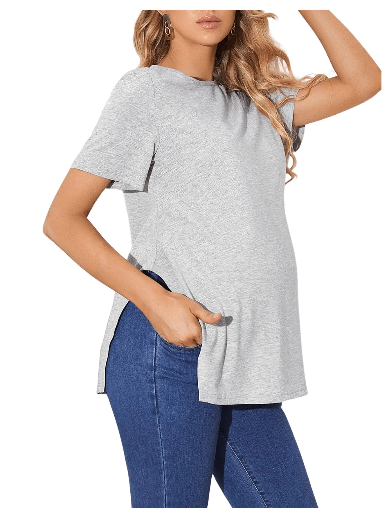 OYOANGLE Womens Maternity Shirts Split Hem Short Sleeve Loose Tunic Tops Tee Casual Pregnancy Clothes Light Grey XL