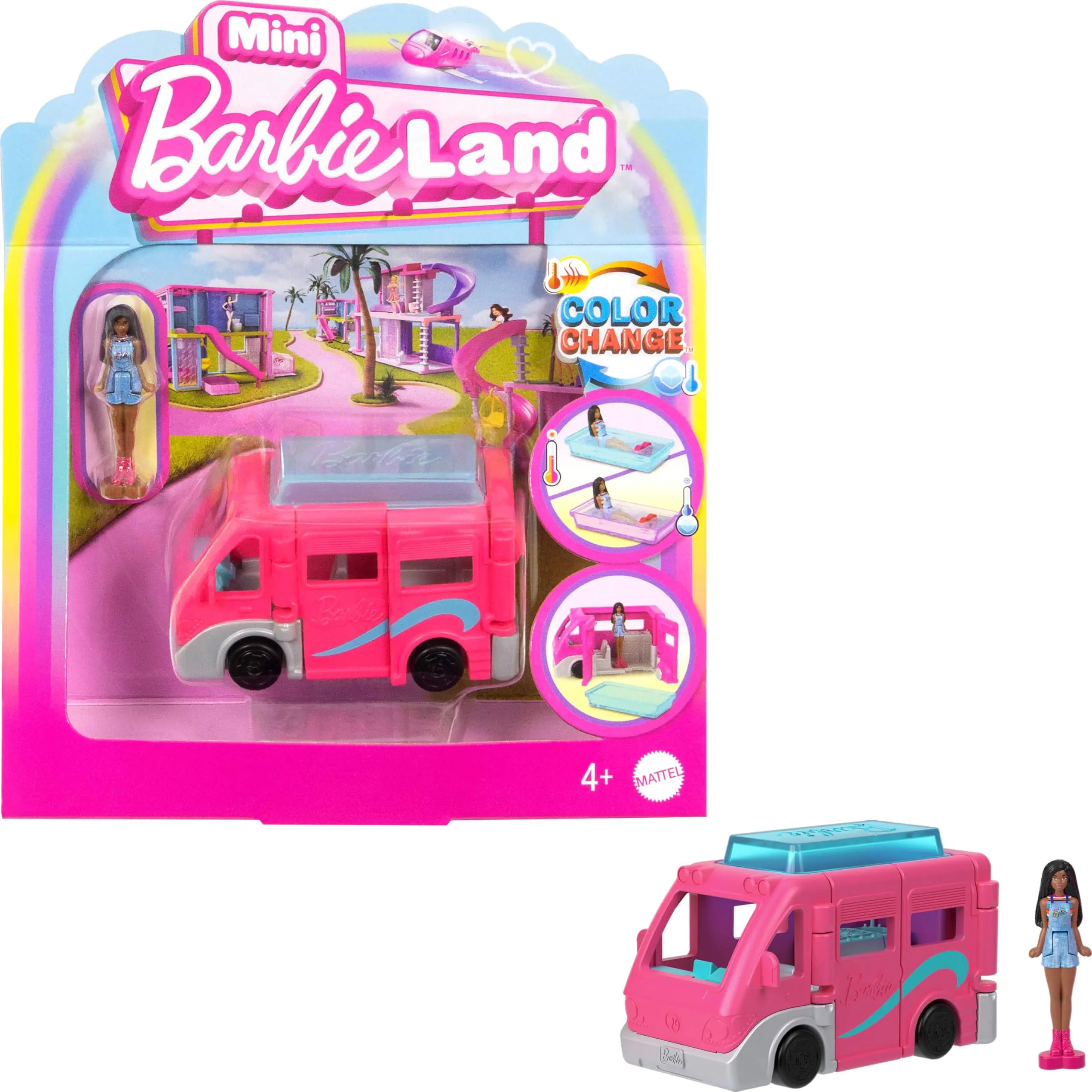 Barbie Mini BarbieLand Playsets with Toy Vehicle & 1.5-inch Doll DreamCamper with Working Doors & Color-Change Pool