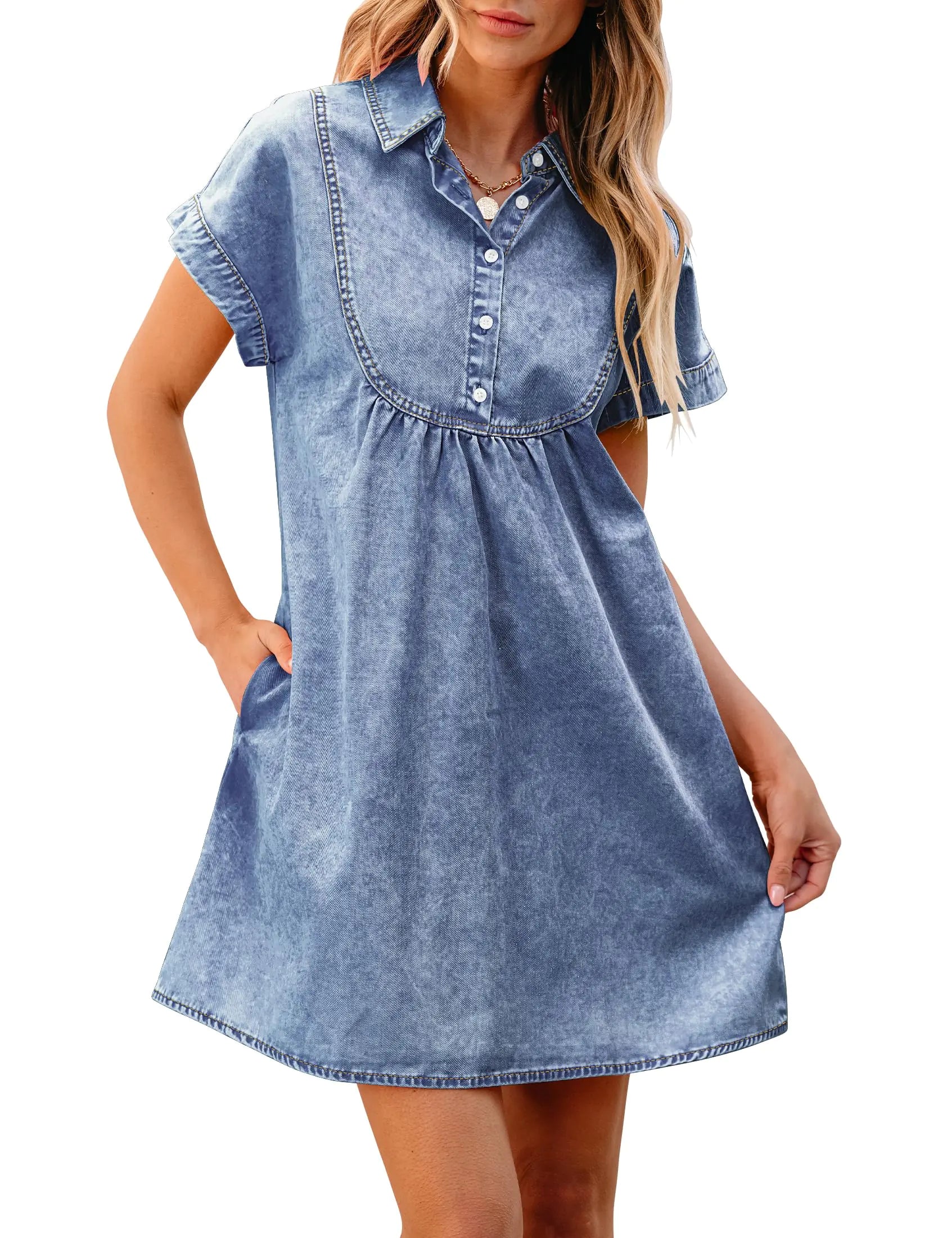 luvamia Womens Fashion Denim Dresses for Women 2024 Casual Short Jean Dress Short Sleeve Denim Dress for Women Blue Dresses for Women Short Dresses Bay Blue Size X-Large Fits Size 16 / Size 18