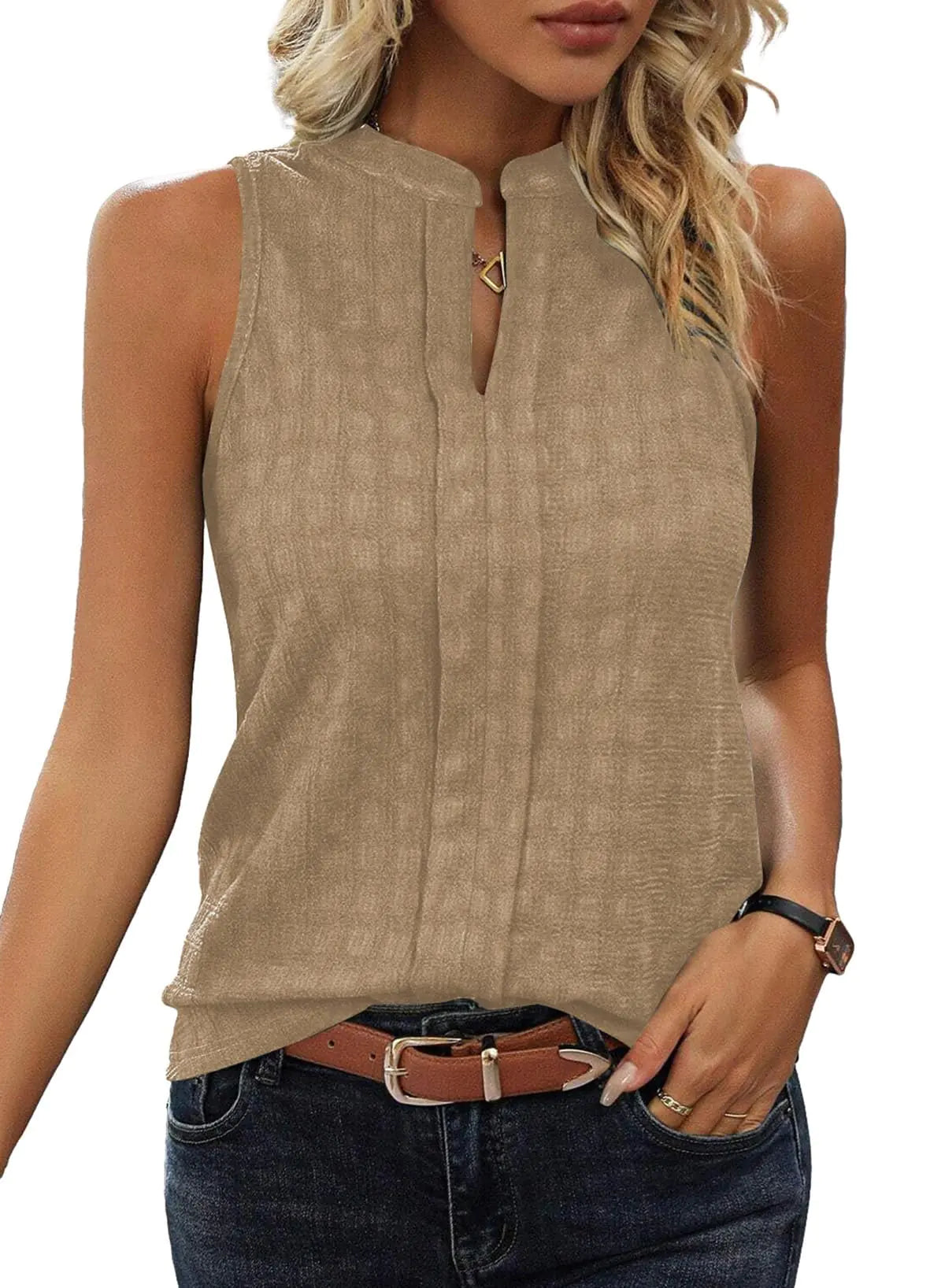 EVALESS Shirts for Women Tank Tops Trendy 2025 Womens Summer Tops Vacation Outfits for Work Cute Sleeveless Tops Dressy Clothes V Neck Camisole Holiday Outfits Beige Blouses X-Large