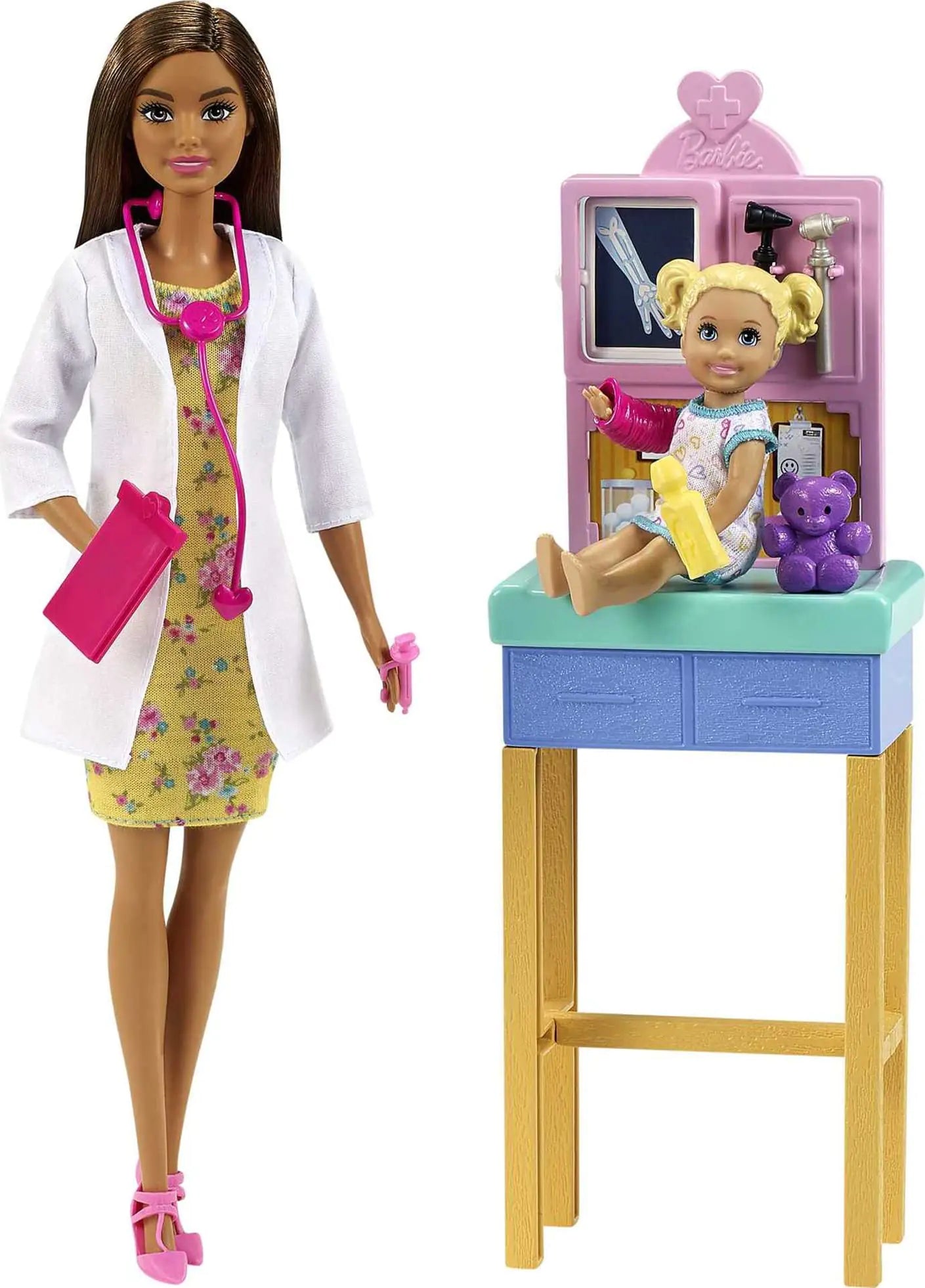 Barbie Careers Doll & Playset Pediatrician Theme with Brunette Fashion Doll 1 Patient Doll Furniture & Accessories