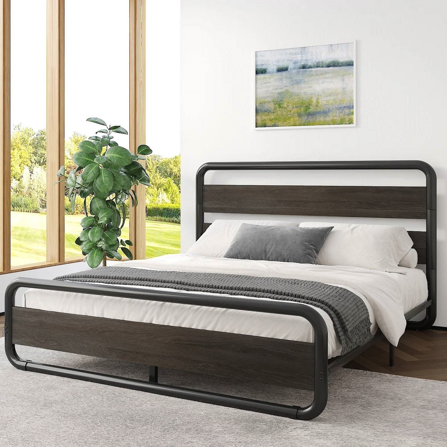 King Heavy Duty Round Metal Frame Platform Bed with Black Wood Panel