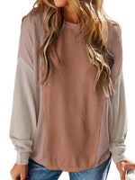 AUTOMET Fall Fashion Outfits for Women Sweaters Color Block Textured Long Sleeve Tops Crewneck Sweatshirts Khaki M
