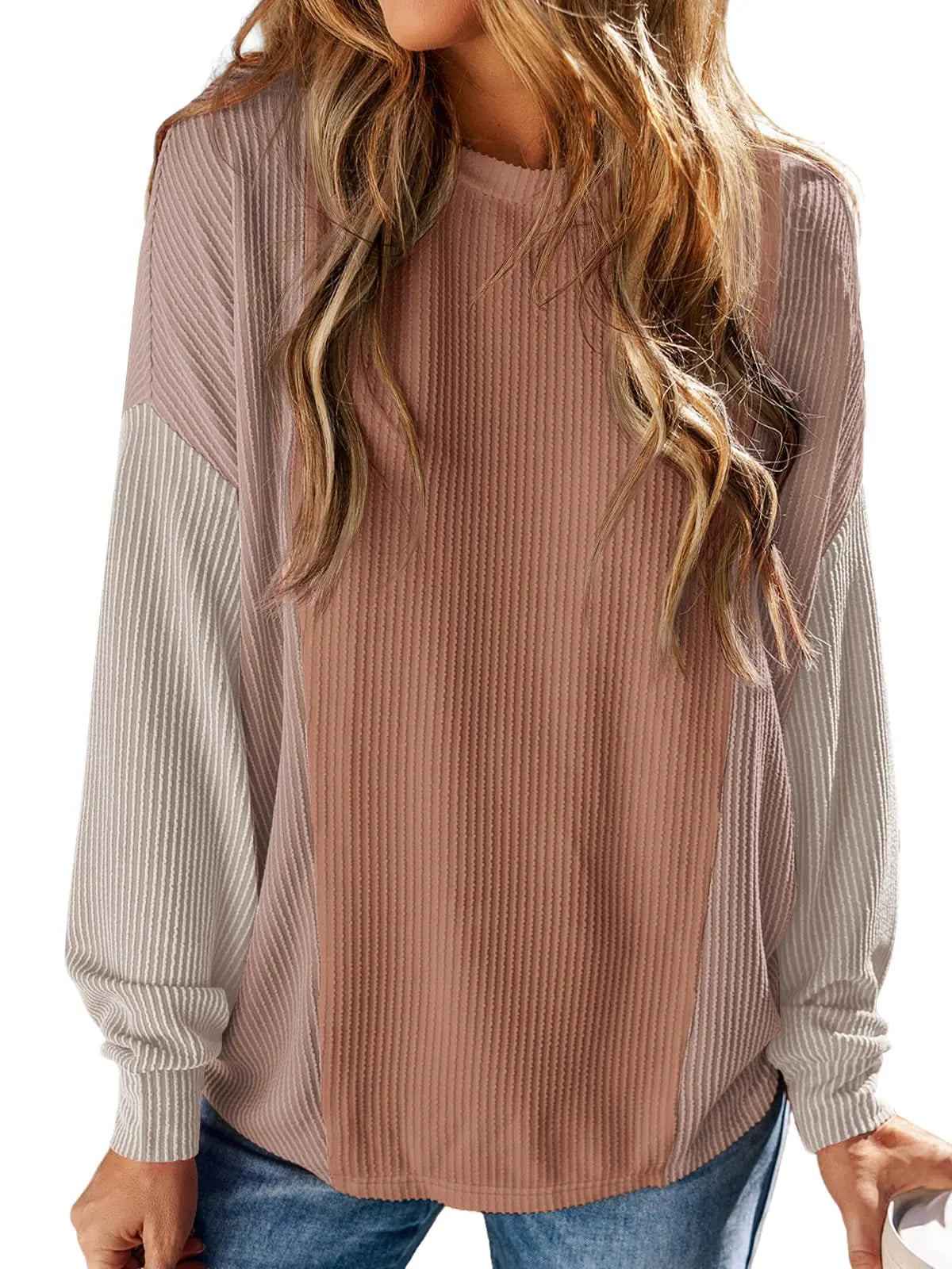AUTOMET Fall Fashion Outfits for Women Sweaters Color Block Textured Long Sleeve Tops Crewneck Sweatshirts Khaki M