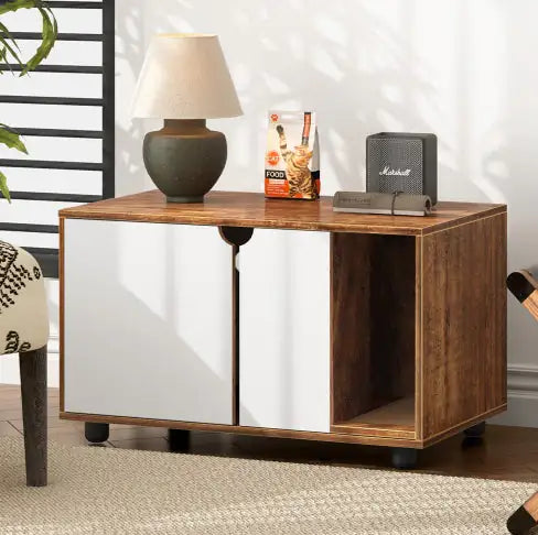Cat Litter Box Enclosure, Hidden Cat Washroom, Kitty End Table, Furniture Style With Double Doors,White  Vintage