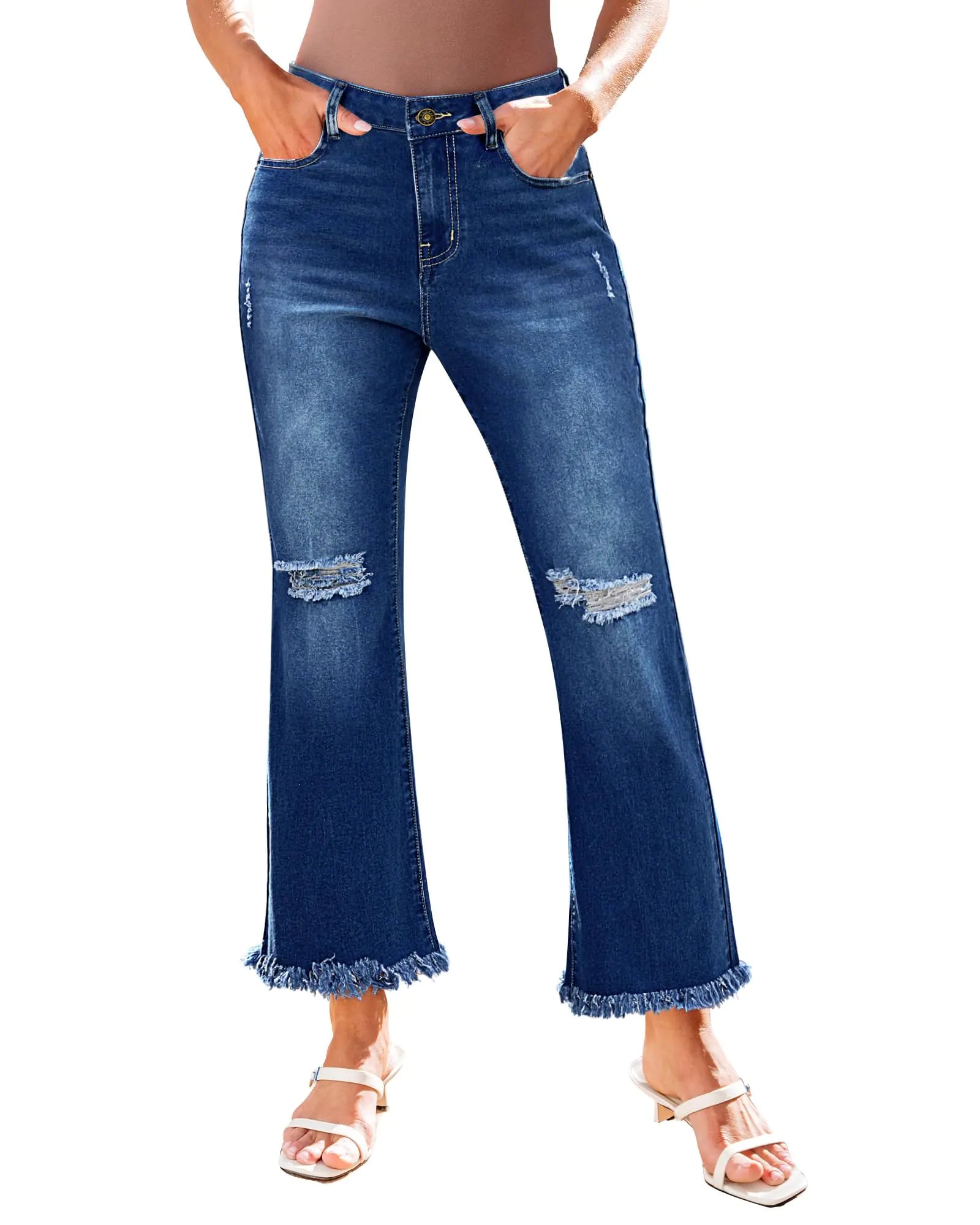 GRAPENT Ripped Jeans Womens High Waisted Wide Leg Pants Womens High Waisted Pants Womens Wide Leg Jeans Crop Flare Jeans Business Casual Clothes for Women Color Nightfall Blue Medium Size 8 Size 10