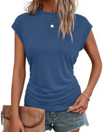 Bliwov Womens Summer Cap Short Sleeve Tops Solid Casual Crewneck Ruched T Shirts Trendy Basic Tshirts for Women Blue