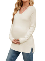OUGES Maternity Sweaters for Women Fall Fashion 2024 Maternity Tops Shirts Oversized Long Sleeve V Neck Split Side Maternity Clothes Knit Ribbed Trendy Pullover Pregnancy Tunic Tops(ApricotM)
