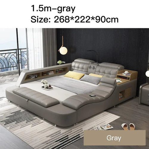 Genuine Leather Bed Frame Soft Beds Massager Storage Safe Speaker
