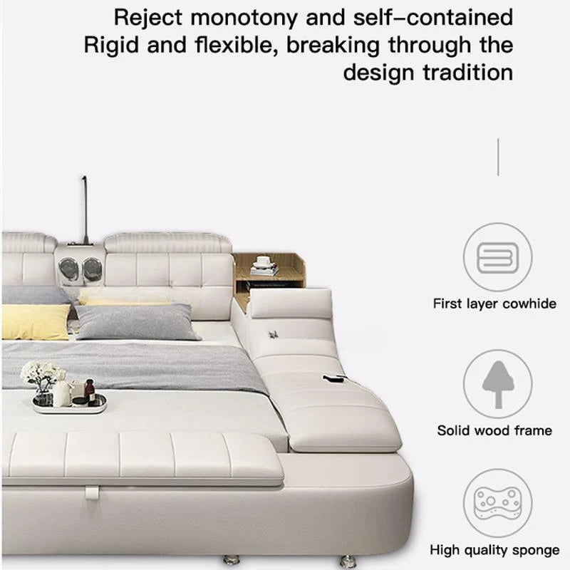 Genuine Leather Bed Frame Soft Beds Massager Storage Safe Speaker