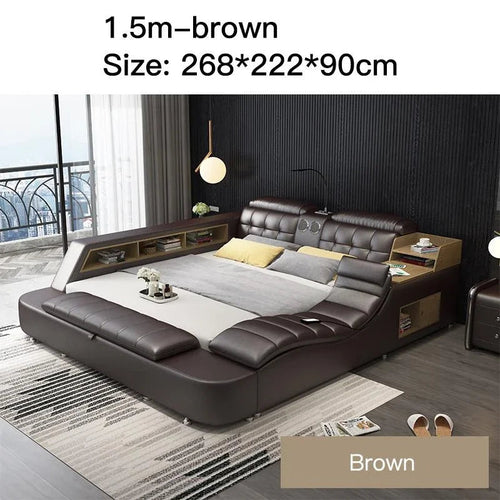 Genuine Leather Bed Frame Soft Beds Massager Storage Safe Speaker